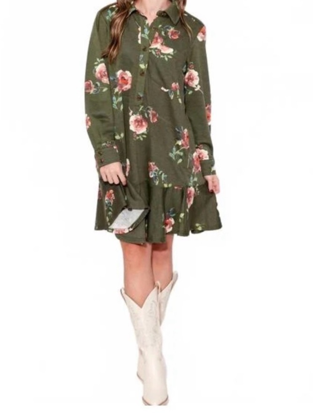 EUC Uncle Frank/ Ivy Jane Floral Knit Shirt Dress In Green Size M